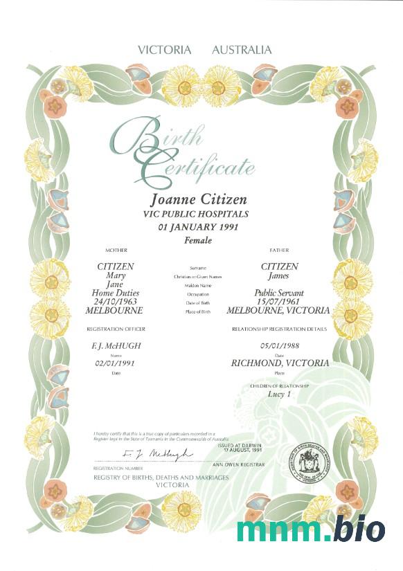 Australia Victoria state dekoracyjne (commemorative) narodziny certyfikat szablon w PSD